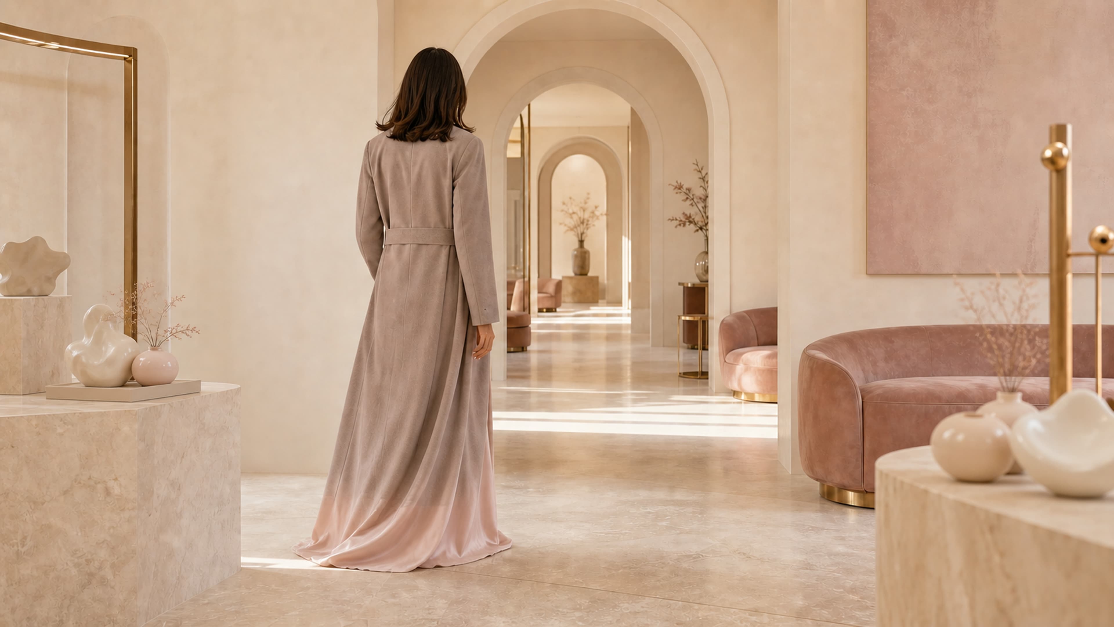 Vrouw van achteren in een lange taupekleurige jurk in een lichte AVEU-showroom met zachte blush- en goudtinten