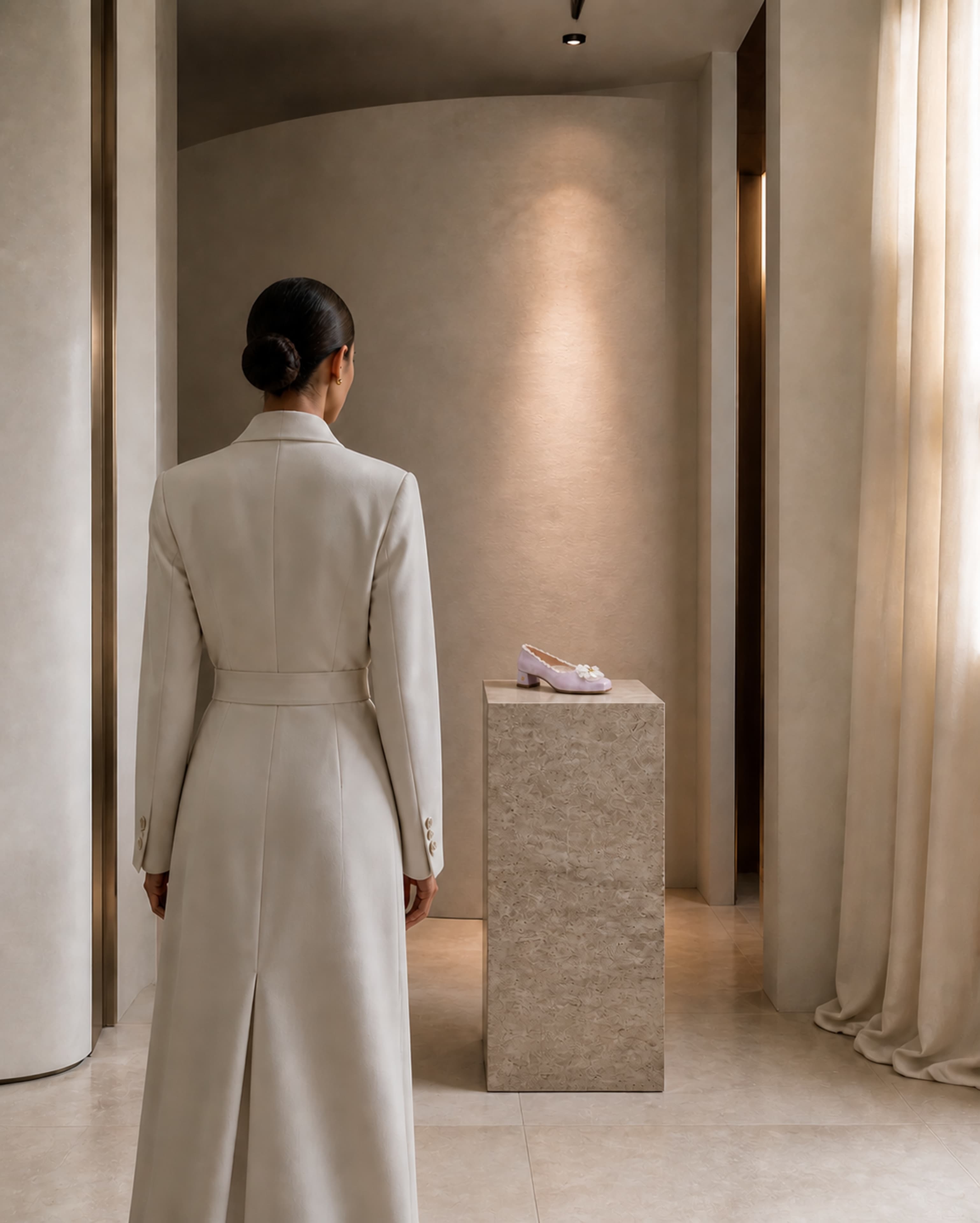 Woman in an ivory coat viewing a lilac AVEU pump on a stone plinth