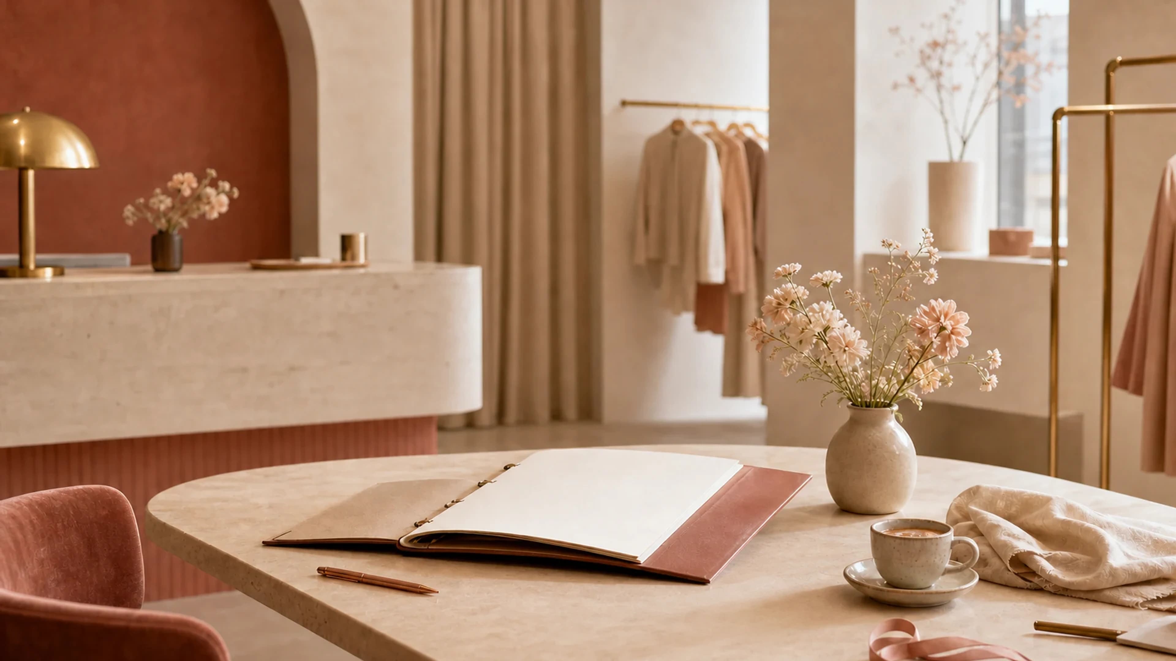Open lookbook on a table in a light retail showroom with blush accents and flowers