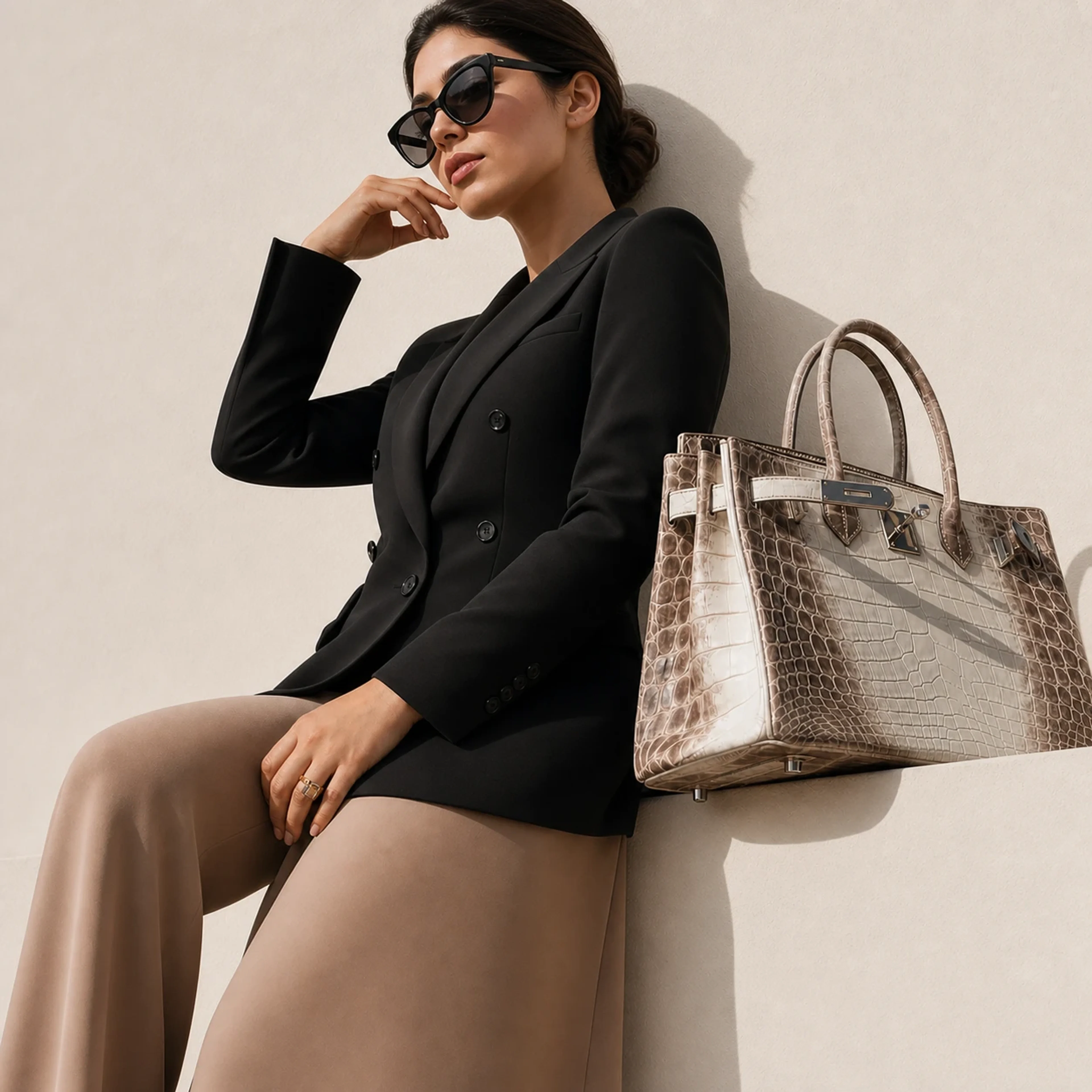 Woman with swept-up hair in a smooth black couture blazer and clay trousers with a luxury bag against a white wall